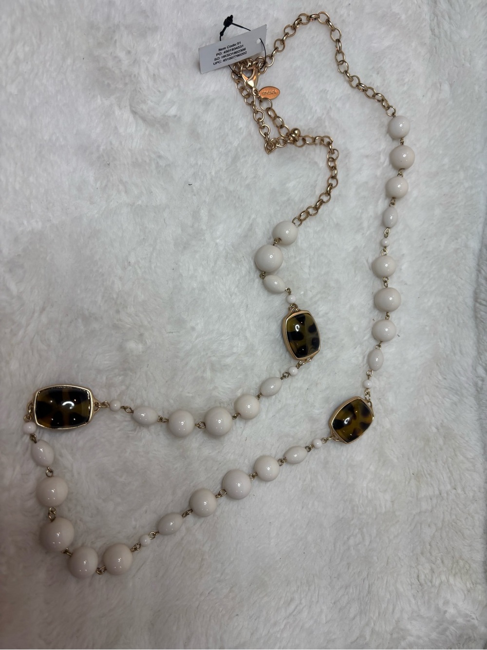 New Chicos Tortoise Gold and Cream Beaded Long necklace NWT